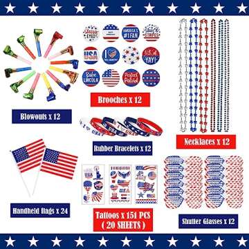 GOAUS 4th of July Accessories 235 PCS, July Fourth Party Favors, Red White and Blue Patriotic Party Decorations for Kids Adults Men Women Family