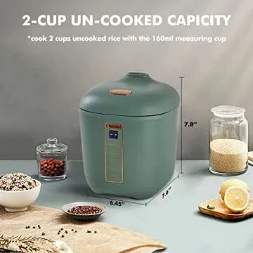 CHACEEF Mini Rice Cooker 2-Cups Uncooked, 1.2L Portable Non-Stick, Smart Control Multifunction Small Travel Cooker with 24 Hours Timer Delay & Keep Warm Function, Food Steamer, Green