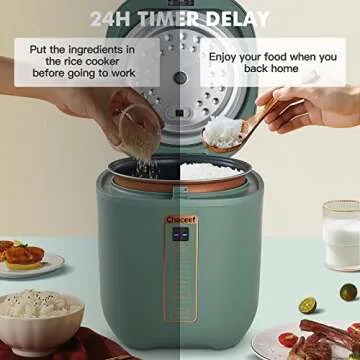 CHACEEF Mini Rice Cooker 2-Cups Uncooked, 1.2L Portable Non-Stick, Smart Control Multifunction Small Travel Cooker with 24 Hours Timer Delay & Keep Warm Function, Food Steamer, Green