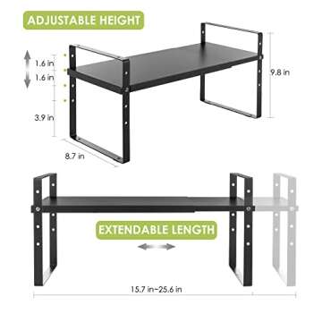 Across-Star Expandable Cabinet Shelf Organizer Rack, Stackable Kitchen Counter Storage Shelves Stand, Adjustable Height Pantry Shelf Spice Rack (Black, 1 Pack)