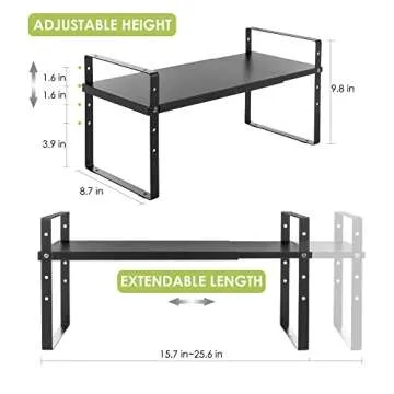 Across-Star Expandable Cabinet Shelf Organizer Rack, Stackable Kitchen Counter Storage Shelves Stand, Adjustable Height Pantry Shelf Spice Rack (Black, 1 Pack)
