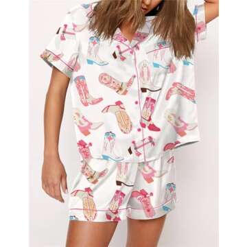 Women Cute Two Piece Pajama Set Y2K Bow Printed Satin Silky Short Sleeve Button Shirts Wide Leg Shor...
