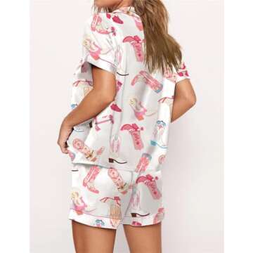 Women Cute Two Piece Pajama Set Y2K Bow Printed Satin Silky Short Sleeve Button Shirts Wide Leg Shorts Pjs Loungewear (A Pink Boots, L)