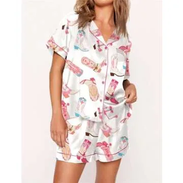 Women Cute Two Piece Pajama Set Y2K Bow Printed Satin Silky Short Sleeve Button Shirts Wide Leg Shorts Pjs Loungewear (A Pink Boots, L)
