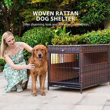 DEStar Heavy Duty PE Rattan Wicker Pet Dog Cage Crate Indoor Outdoor Puppy House Shelter with Remova...