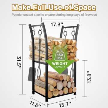 GREENER 2 Tiers Indoor Firewood Rack with 4 Hooks - Portable Outdoor Firewood Rack, Heavy Duty Log Rack Wood Holder, Sturdy Firewood Storage Stand for Fireplace, Patio, Fire Pit, Stove - Black