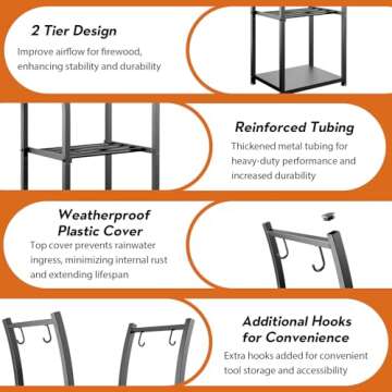 GREENER 2 Tiers Indoor Firewood Rack with 4 Hooks - Portable Outdoor Firewood Rack, Heavy Duty Log Rack Wood Holder, Sturdy Firewood Storage Stand for Fireplace, Patio, Fire Pit, Stove - Black