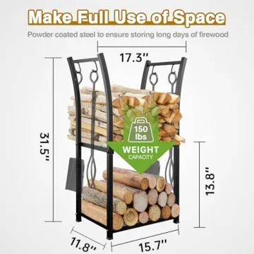 GREENER 2 Tiers Indoor Firewood Rack with 4 Hooks - Portable Outdoor Firewood Rack, Heavy Duty Log Rack Wood Holder, Sturdy Firewood Storage Stand for Fireplace, Patio, Fire Pit, Stove - Black