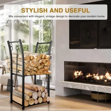 GREENER 2 Tiers Indoor Firewood Rack with 4 Hooks - Portable Outdoor Firewood Rack, Heavy Duty Log Rack Wood Holder, Sturdy Firewood Storage Stand for Fireplace, Patio, Fire Pit, Stove - Black