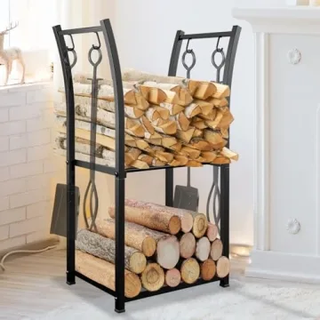 GREENER 2 Tiers Indoor Firewood Rack with 4 Hooks - Portable Outdoor Firewood Rack, Heavy Duty Log Rack Wood Holder, Sturdy Firewood Storage Stand for Fireplace, Patio, Fire Pit, Stove - Black