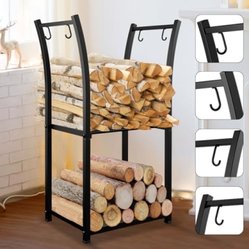 GREENER 2 Tiers Indoor Firewood Rack with 4 Hooks - Portable Outdoor Firewood Rack, Heavy Duty Log Rack Wood Holder, Sturdy Firewood Storage Stand for Fireplace, Patio, Fire Pit, Stove - Black