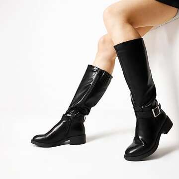 DREAM PAIRS Women's Knee High Riding Boots Comfortable Low Chunky Heel Boots Side Zipper Round Toe Casual Classic Ranching Boots,Size 11,Black-Oil Skin,SDKB2307W