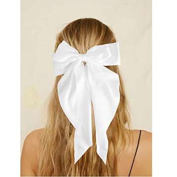 Bolonar White Hair Bow Clip for Women, Large Hair Bows Hair Ribbon Bachelorette Party Decorations Wedding Hair Accessories, Bridesmaid Gifts Favors