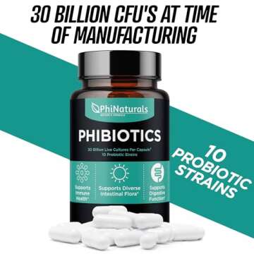 High Potency Probiotics 10 Strains 30 Billion CFUs PhiNaturals – [30 Vegan Capsules] for Women and Men Digestive Gut Health - Lactobacillus Acidophilus Salivarius Rhamnosus Bifidobacterium Probioticos