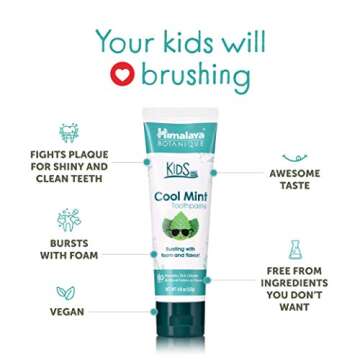 Himalaya Botanique Kids Toothpaste, Herbal, Cool Mint Flavor, Fights Plaque, Fluoride Free, Gentle, No Artificial Flavors or Colors, SLS Free, Gluten Free, Cruelty Free, Vegan, Foaming, 4 Oz, 2 Pack