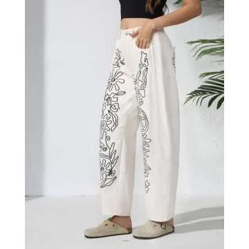 Kedera Women's Causal Baggy Boyfriend Jeans Vintage Wide Leg Floral Embroidered Mid Rise Barrel Denim Ankle Pants