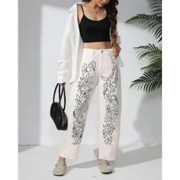 Kedera Women's Causal Baggy Boyfriend Jeans Vintage Wide Leg Floral Embroidered Mid Rise Barrel Denim Ankle Pants