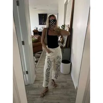 Kedera Women's Causal Baggy Boyfriend Jeans Vintage Wide Leg Floral Embroidered Mid Rise Barrel Denim Ankle Pants