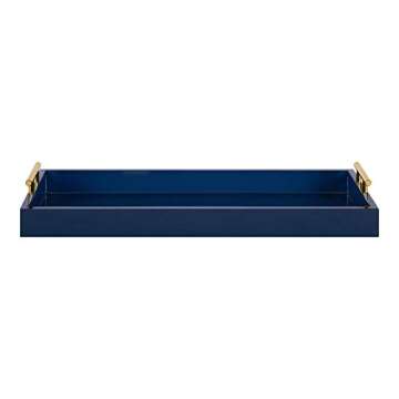 Kate and Laurel Lipton Narrow Decorative Tray with Polished Metal Handles, 10" x 24", Navy Blue and ...