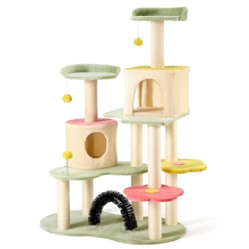 Flower Cat Tree Tower, 59 Inches Cute Cat Tree for Indoor Cats w/Sisal Covered Cat Scratching Posts ...