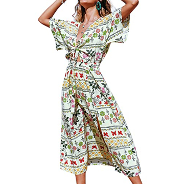 CUPSHE Women's V Neck Floral Tie Front Dress Ankle Length Dress