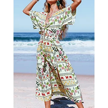 CUPSHE Women's V Neck Floral Tie Front Dress Ankle Length Dress