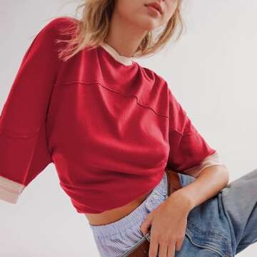 Songling Womens 3/4 Length Sleeve Casual Loose Fit Summer Tee Shirt Basics Cotton t Shirts Trendy Tops(Red,L)