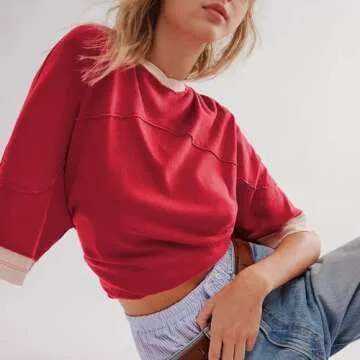 Songling Womens 3/4 Length Sleeve Casual Loose Fit Summer Tee Shirt Basics Cotton t Shirts Trendy Tops(Red,L)