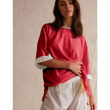 Songling Womens 3/4 Length Sleeve Casual Loose Fit Summer Tee Shirt Basics Cotton t Shirts Trendy Tops(Red,L)