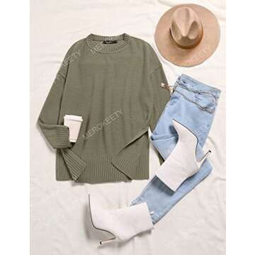 MEROKEETY Women's 2024 Fall Casual Crew Neck Side Split Pullover Sweater Loose Long Sleeve Jumper Top, Green, L