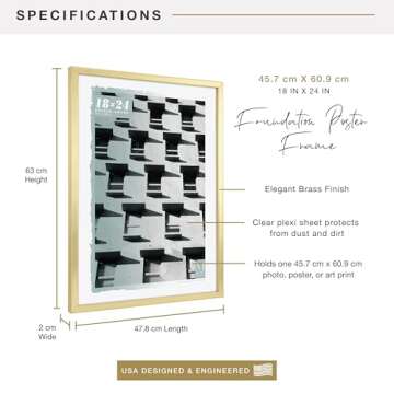 MCS Foundation 18x24 Poster Frame Traditional Brass, Vertical & Horizontal Wall Hanging Large Picture Frame for Photos, Posters & Art Prints (1-Pack)
