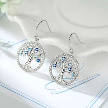 Tree of Life Jewelry Necklace Earrings Set Women March September Birthstone Valentines Day Birthday Gifts Wife Aquamarine Sapphire Sterling Silver