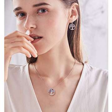 Tree of Life Jewelry Necklace Earrings Set Women March September Birthstone Valentines Day Birthday Gifts Wife Aquamarine Sapphire Sterling Silver
