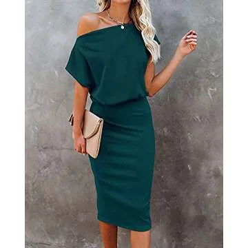 Ezbelle Sexy Off Shoulder Bodycon Dress - Party Ready Green Midi