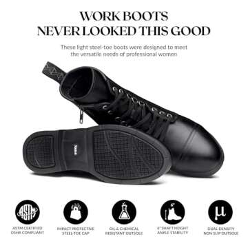 XENA Spice Women’s Safety Steel Toe Work Boots, Premium Leather, Lightweight, Breathable, Comfortable, Slip Resistant, Laces and Side Zipper, ASTM F2413-18 Certified, OSHA Compliant, Black, 8 M