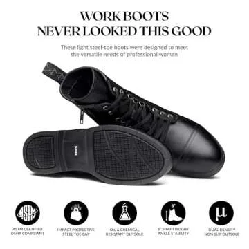 XENA Spice Women’s Safety Steel Toe Work Boots, Premium Leather, Lightweight, Breathable, Comfortable, Slip Resistant, Laces and Side Zipper, ASTM F2413-18 Certified, OSHA Compliant, Black, 8 M
