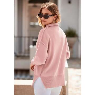 PRETTYGARDEN Women's Fall Pullover Oversized Sweaters Casual Long Sleeve Zip Up Lapel V Neck Knitted Winter Tops (Pink,Small)