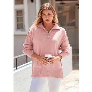 PRETTYGARDEN Women's Fall Pullover Oversized Sweaters Casual Long Sleeve Zip Up Lapel V Neck Knitted Winter Tops (Pink,Small)
