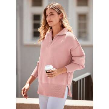 PRETTYGARDEN Women's Fall Pullover Oversized Sweaters Casual Long Sleeve Zip Up Lapel V Neck Knitted Winter Tops (Pink,Small)
