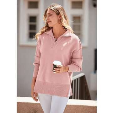 PRETTYGARDEN Women's Fall Pullover Oversized Sweaters Casual Long Sleeve Zip Up Lapel V Neck Knitted Winter Tops (Pink,Small)