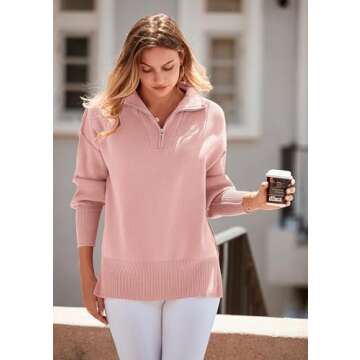 PRETTYGARDEN Women's Fall Pullover Oversized Sweaters Casual Long Sleeve Zip Up Lapel V Neck Knitted Winter Tops (Pink,Small)