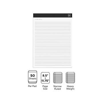 TRU RED Notepads, 8.5-inch x 11.75-inch, Narrow Ruled, White, 50 Sheets/Pad, 12 Pads/Pack (TR57384)