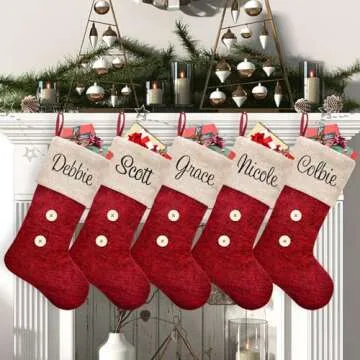 ELEGANTPARK Personalized Christmas Stockings 5 Pack Red Burlap Christmas Stockings Monogrammed Custom Large Xmas Rustic Holiday Fireplace Home Decoration Gifts for Family
