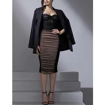 houstil Women's Strap Wedding Guest Dress Velvet Mesh Bodycon Cocktail Party Fishbone Mini Clubwear (S, Black)