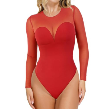 Stylish Popilush Shapewear Mesh Bodysuit for Women - Long Sleeve, Tummy Control