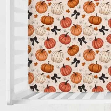 Fall Pumpkin Bows Daises Baby Crib Sheets 52''x28'' Vintage Autumn Pumpkins Maple Leaves Dots Fitted Crib Mattress Cover for Boy Girl Thanksgiving Soft Bed Sheet for Standard Crib Toddler Mattress