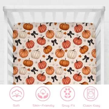 Fall Pumpkin Bows Daises Baby Crib Sheets 52''x28'' Vintage Autumn Pumpkins Maple Leaves Dots Fitted Crib Mattress Cover for Boy Girl Thanksgiving Soft Bed Sheet for Standard Crib Toddler Mattress