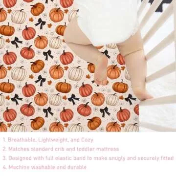 Fall Pumpkin Bows Daises Baby Crib Sheets 52''x28'' Vintage Autumn Pumpkins Maple Leaves Dots Fitted Crib Mattress Cover for Boy Girl Thanksgiving Soft Bed Sheet for Standard Crib Toddler Mattress