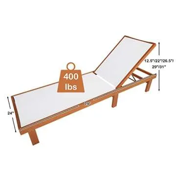 Tangkula Outdoor Wood Chaise Lounge Chair, Patio Chaise Lounger with 5-Position Adjustable Back, Eucalyptus Wood Reclining Lounge Chair with Breathable Fabric for Poolside Lawn Backyard (2, White)
