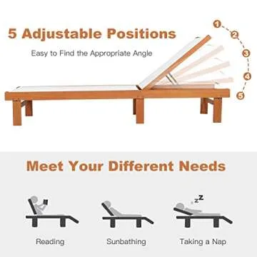 Tangkula Outdoor Wood Chaise Lounge Chair, Patio Chaise Lounger with 5-Position Adjustable Back, Eucalyptus Wood Reclining Lounge Chair with Breathable Fabric for Poolside Lawn Backyard (2, White)